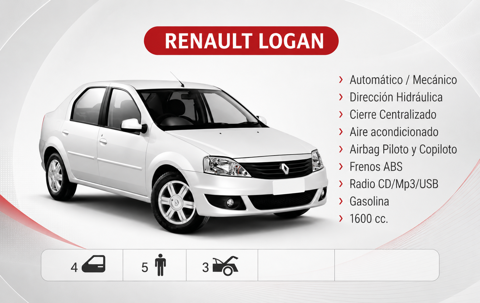 Anuncio del coche Renault Logan blanco con las características enumeradas a la derecha.