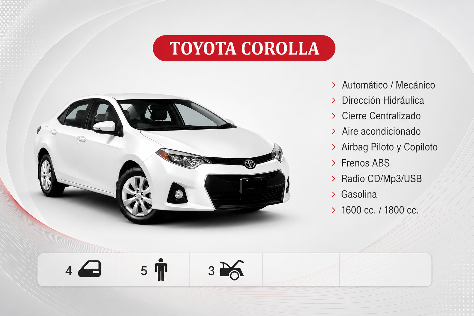 Toyota Corolla sedán blanco sobre un fondo gris claro con una lista de especificaciones e iconos de características.