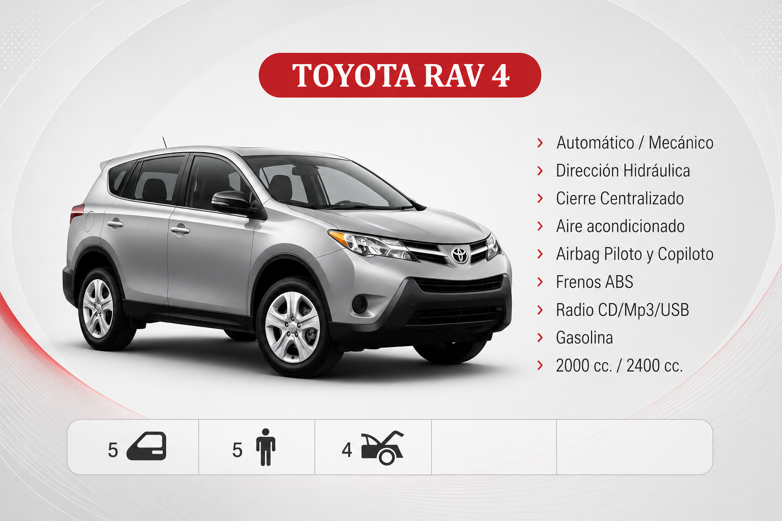 Gráfico promocional del SUV Toyota RAV4 plateado con lista de características sobre fondo blanco.