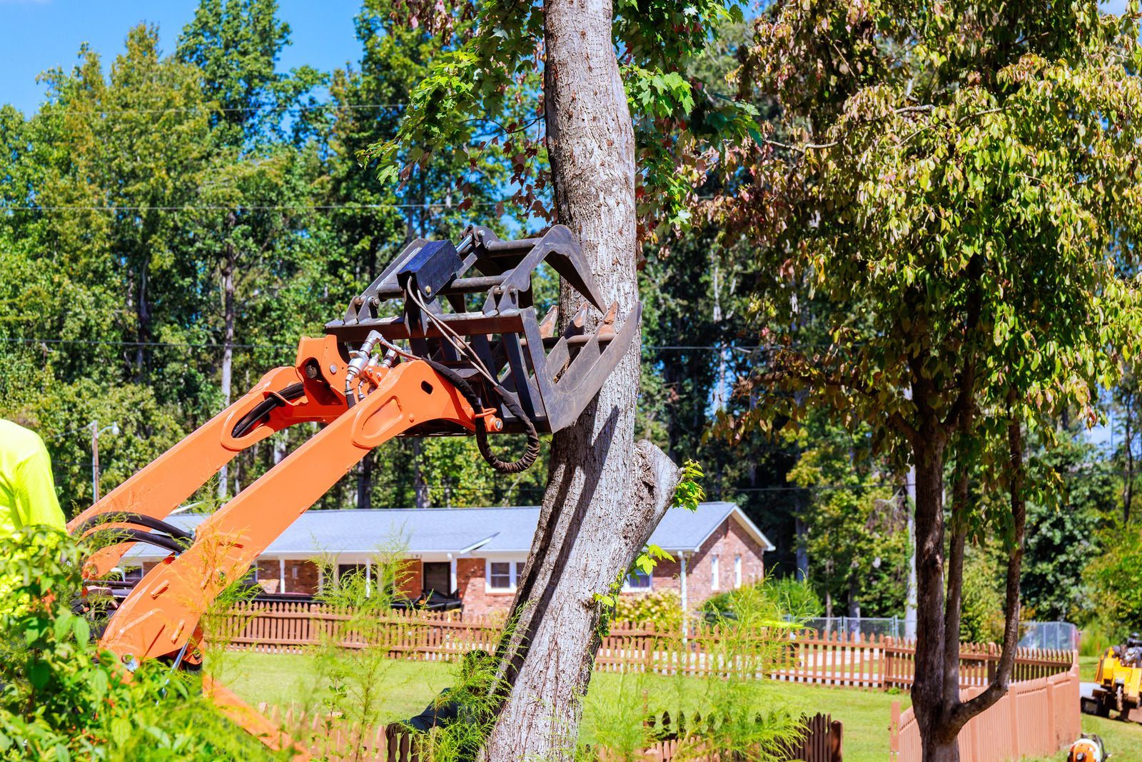 Orange mechanical arm cutting a tree in front of a house.