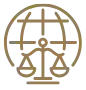 Scales of justice within a globe outline.