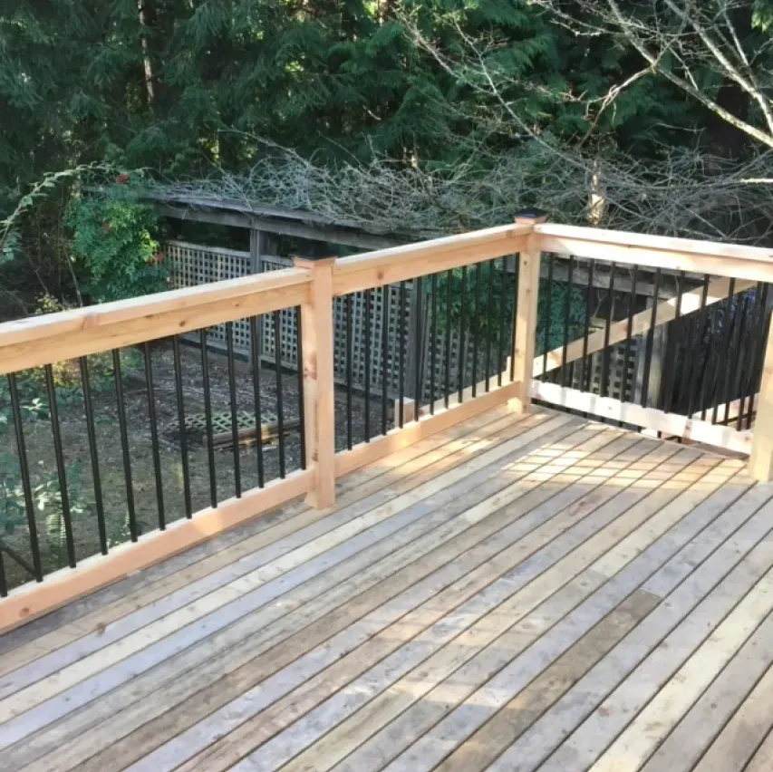 A wooden deck with a metal railing surrounded by trees