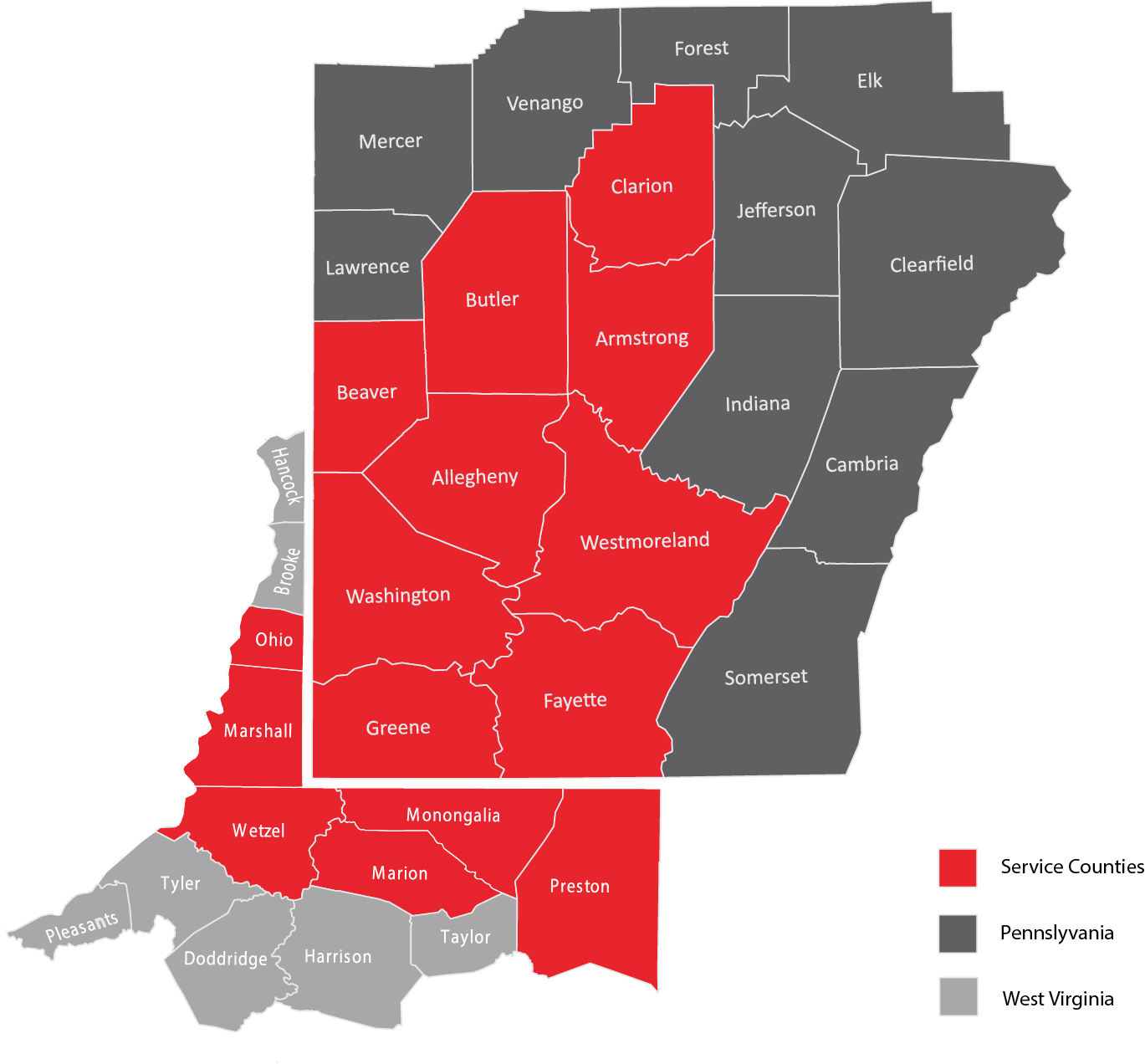 The counties we offer vending services to in Pennsylvania and West Virginia