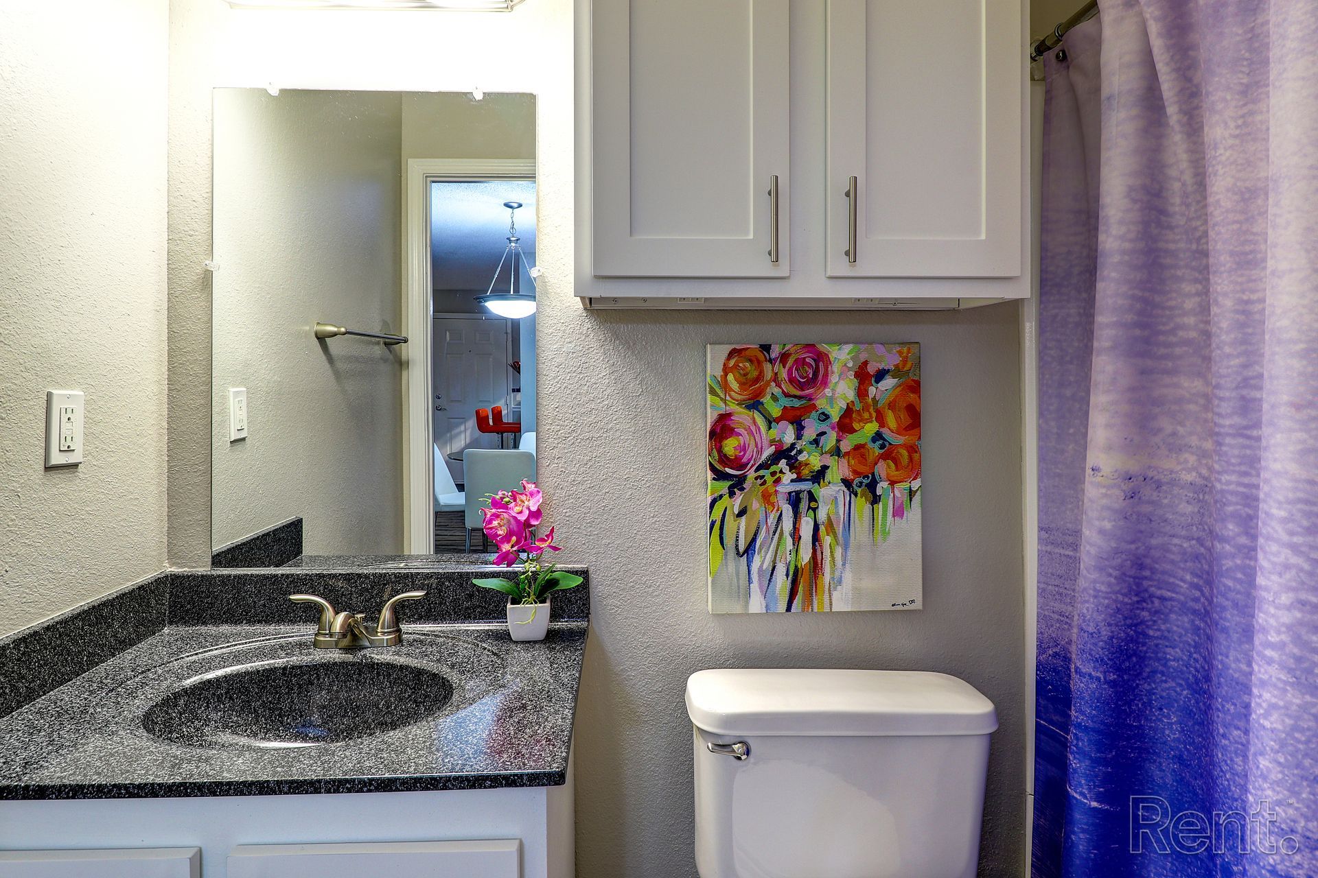 A bathroom with a sink , toilet , mirror and shower curtain.