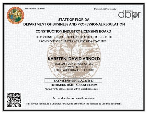 A State of Florida construction industry licensing board certificate
