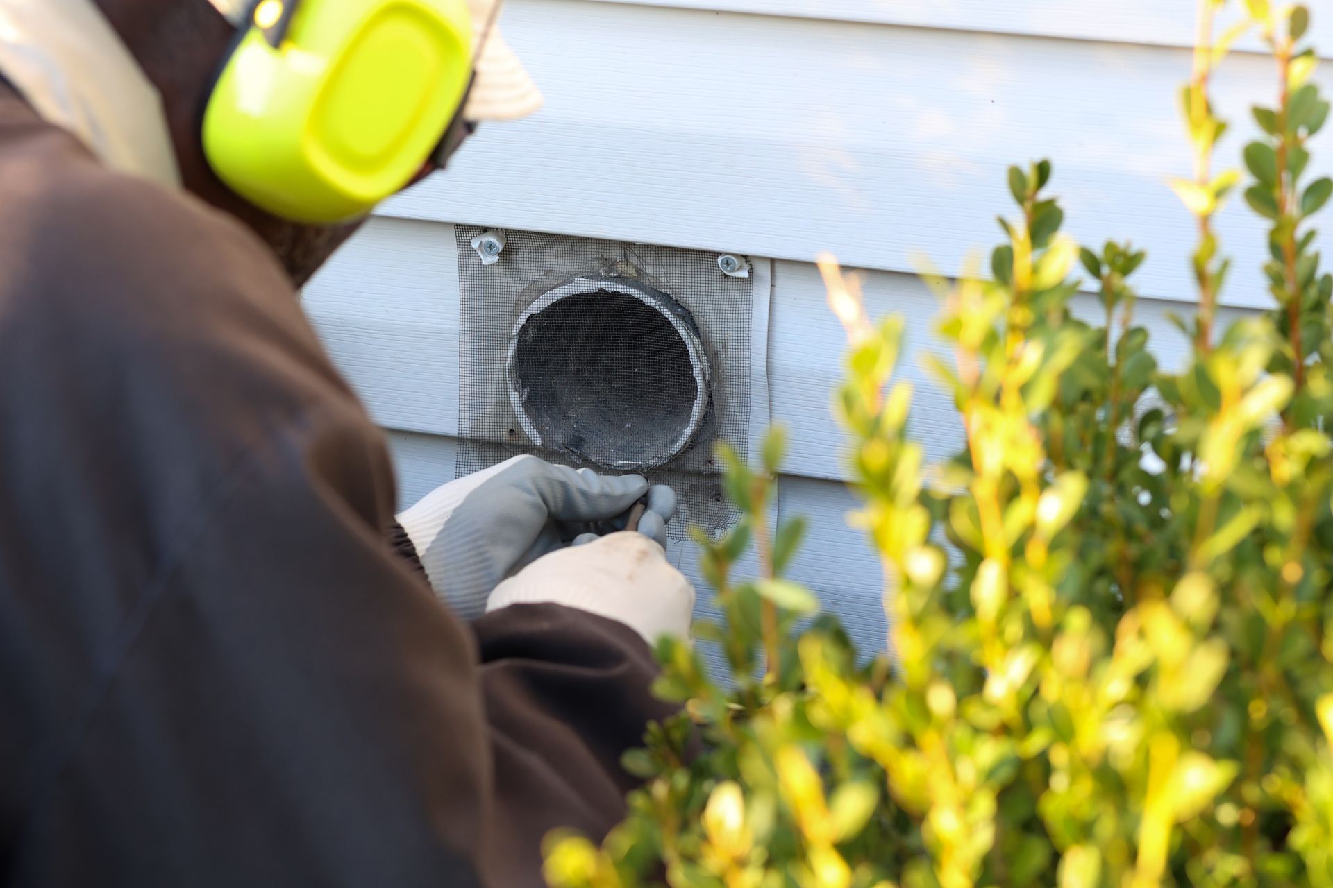 Person cleaning a dryer vent on the side of a house, wearing ear protection, surrounded by green bushes.