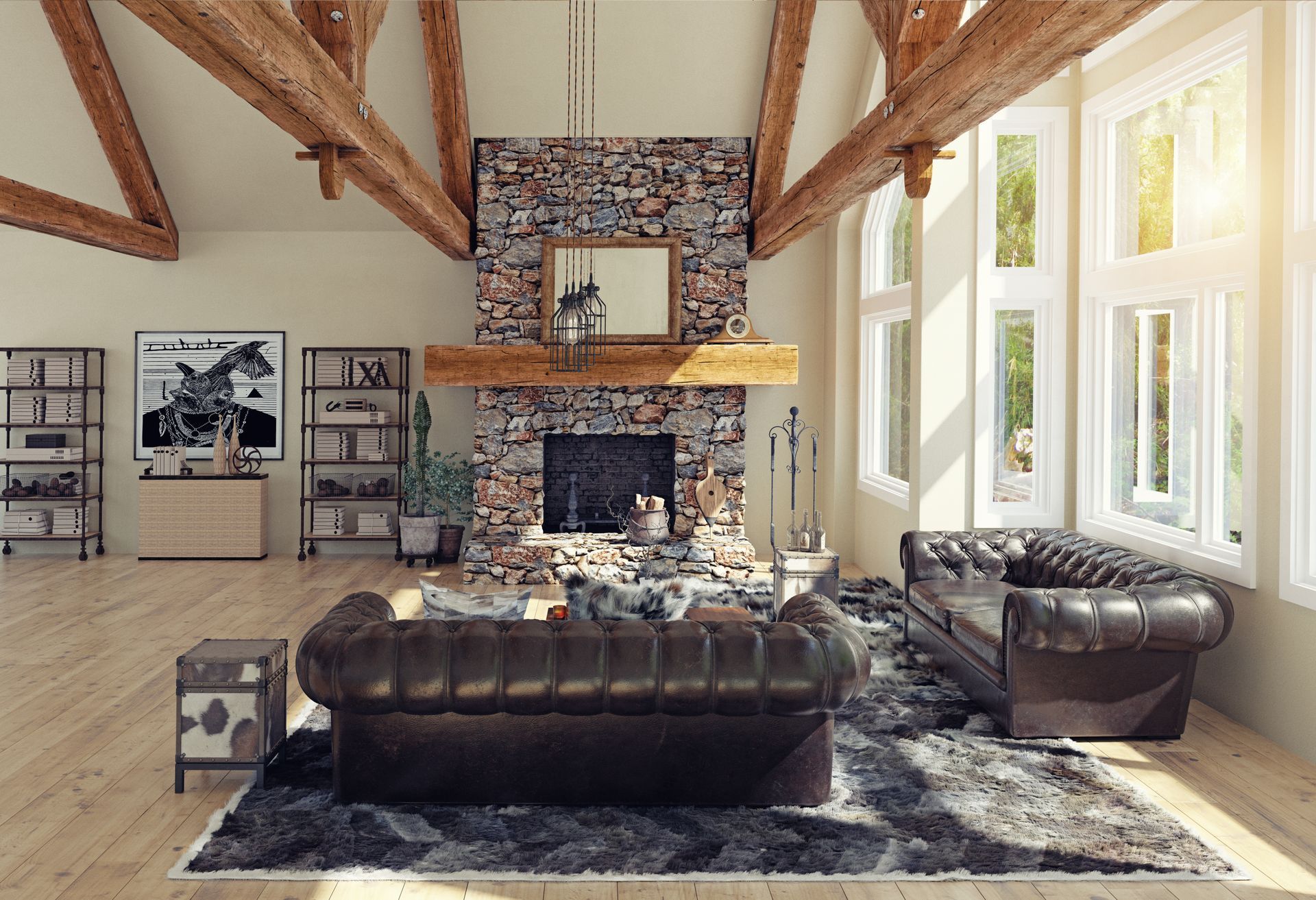 Cozy living room with stone fireplace, wooden beams, leather sofas, shelves, and large windows with sunlight.