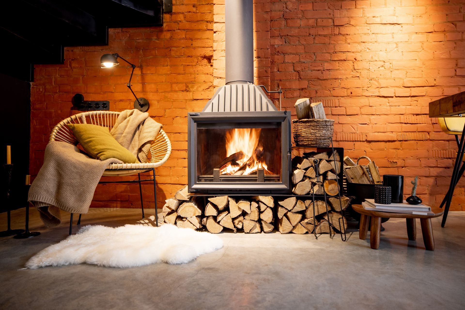 Fireplace with burning logs, flanked by stacked firewood, chair with blanket, and brick wall.