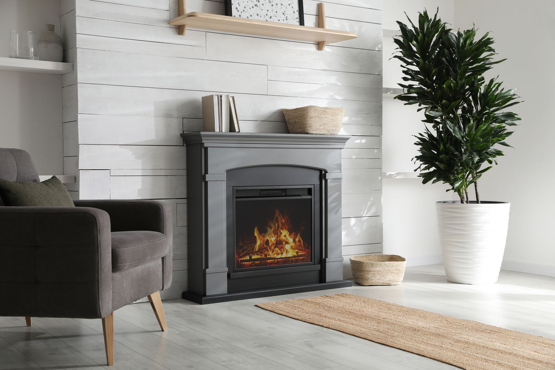 Living room with electric fireplace, armchair, large potted plant, and woven rug.