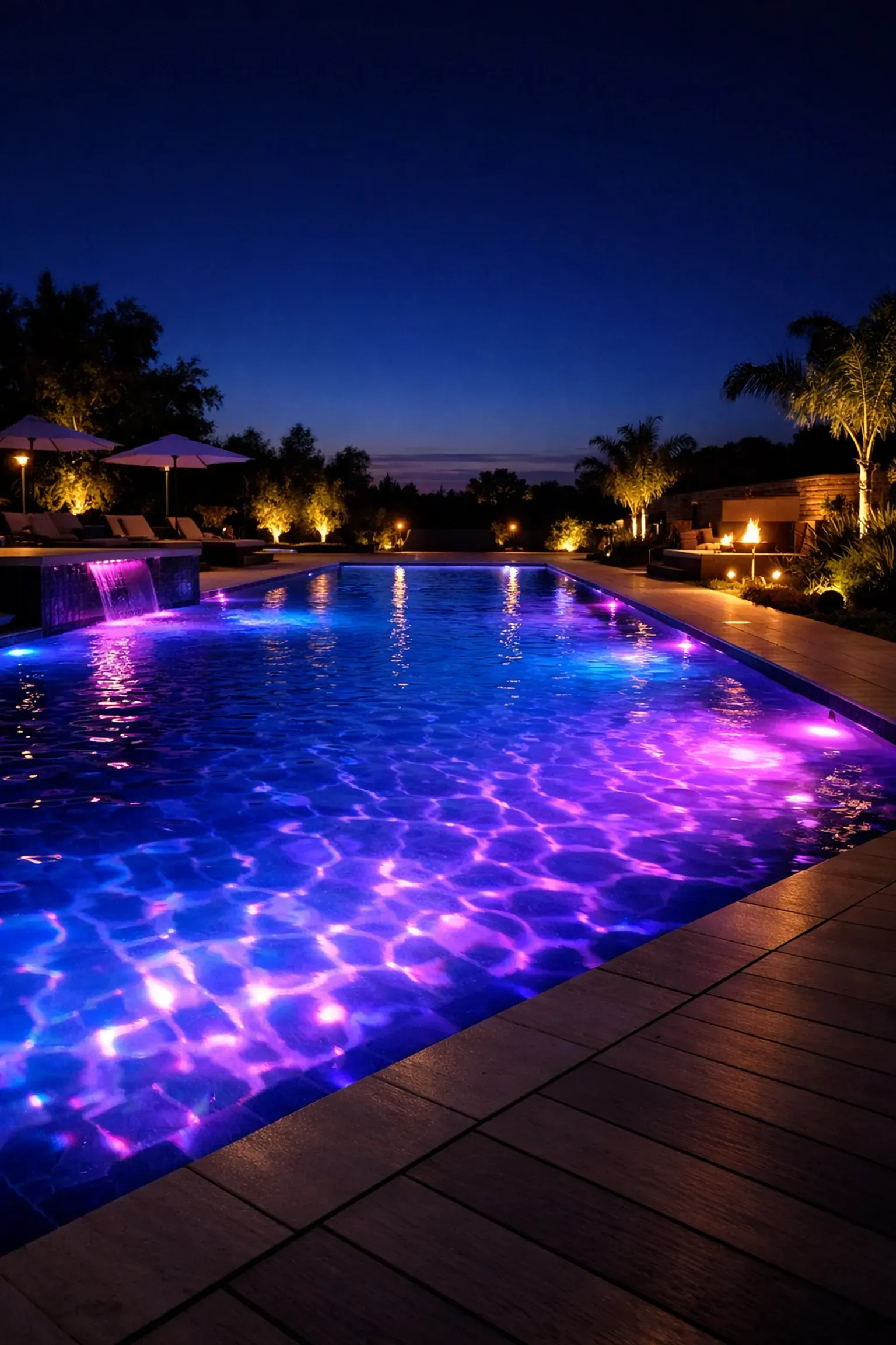 Swimming pool at night with colored LED pool lights