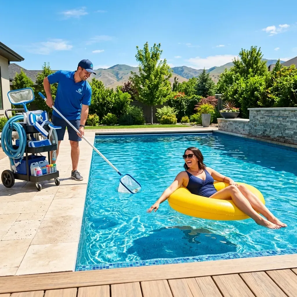Swimming pool with maintenance provider cleaning pool and happy swimmer