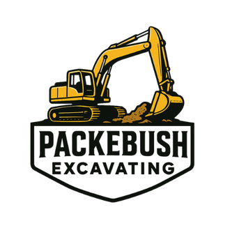 Yellow excavator digging dirt, with company name 