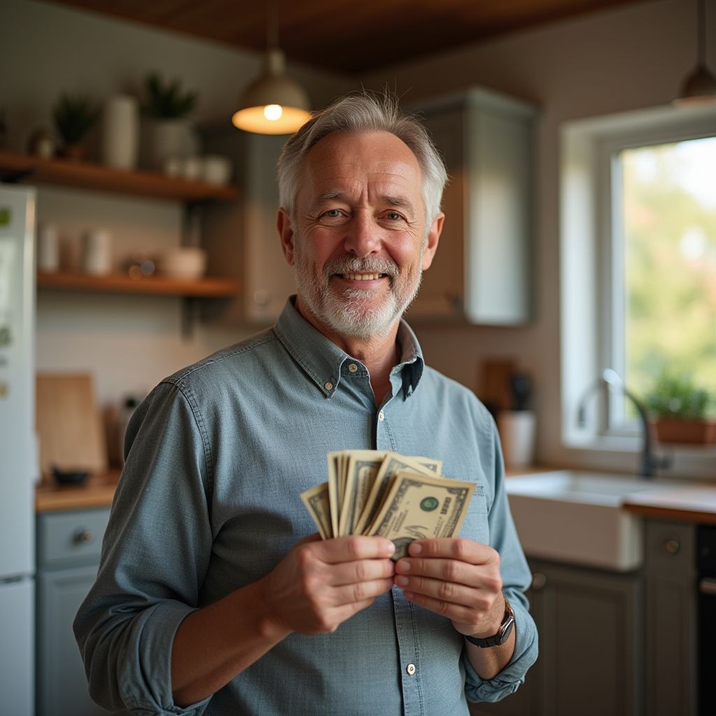 Man holding cash, smiling in a kitchen, wearing a blue shirt.