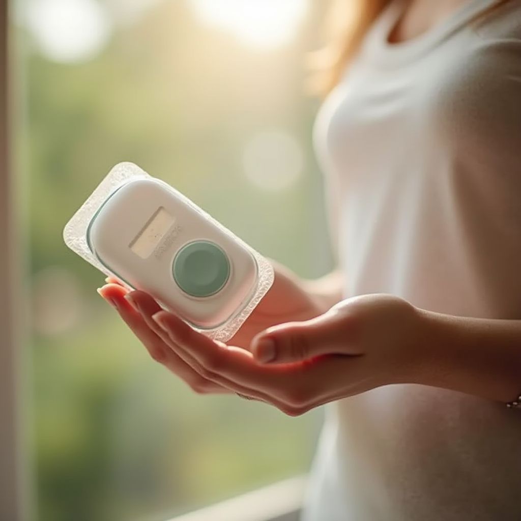 Person holding a white medical device with a teal button and small display; near a window.