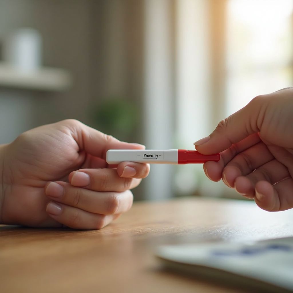 Hands exchanging a positive pregnancy test stick on a wooden table.