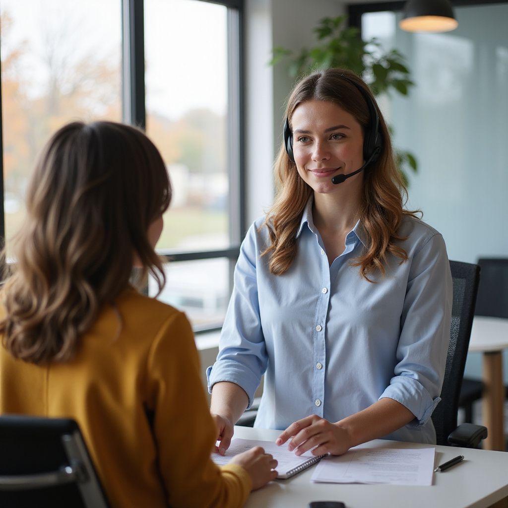 Woman with headset at desk, interviewing another woman. Office setting with documents.