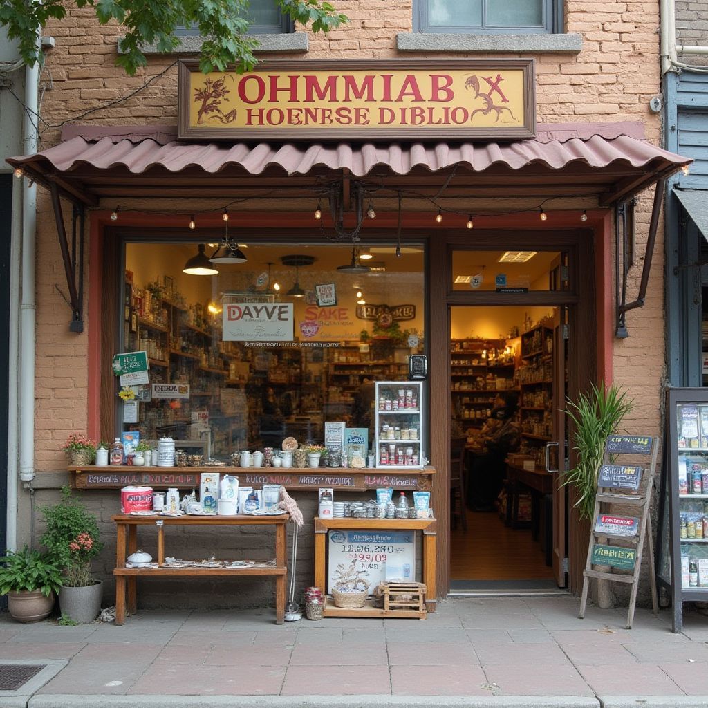 Bookstore exterior with awning and sign: OHMMIAB HOENESE BIBLIO. Books and gifts displayed in window.