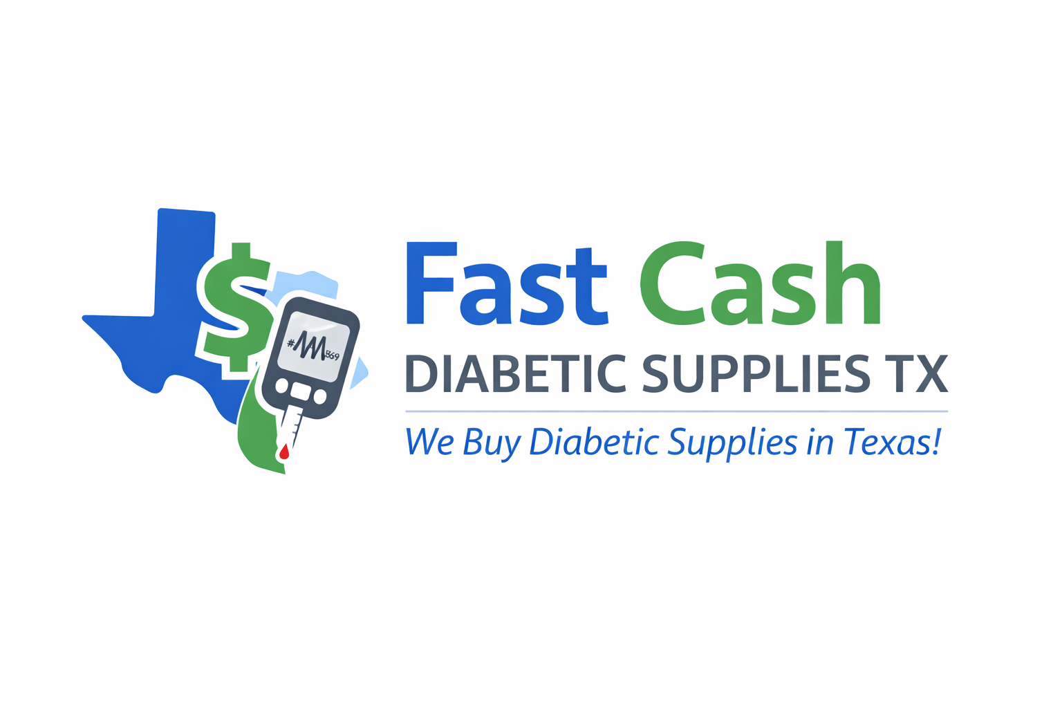 Logo: blue Texas outline, dollar sign, glucose monitor. Text: 