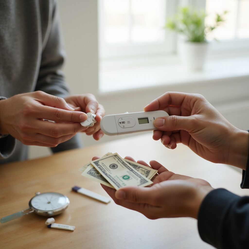 Hands exchanging money and a digital thermometer; a table holds other items.