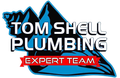 A logo for tom shell plumbing expert team with a mountain in the background.