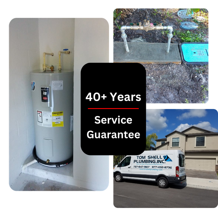 A picture of a water heater and a van that says 40+ years service guarantee