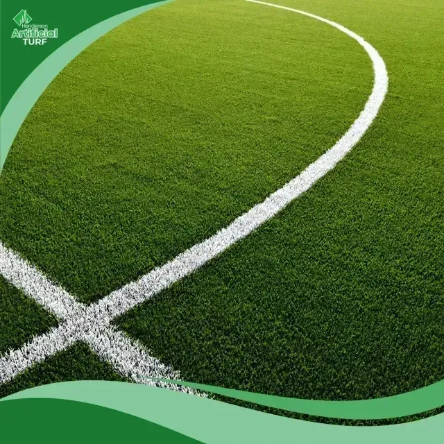 Henderson Artificial Turf - Close-up of an artificial turf soccer field, featuring vibrant green grass and crisp white markings outlining the playing areas.