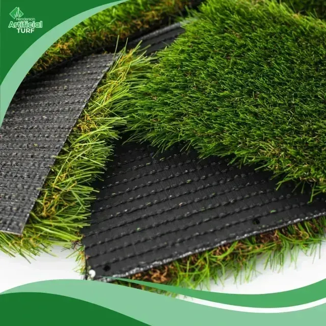 Henderson Artificial Turf - Close-up of artificial turf showing green grass blades layered over black textured backing material, ideal for landscaping projects.
