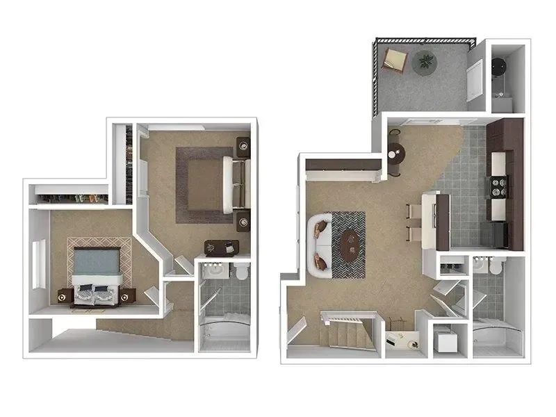 Floor plan of a two-story apartment. Includes bedroom, living area, kitchen, bathroom, and balcony.