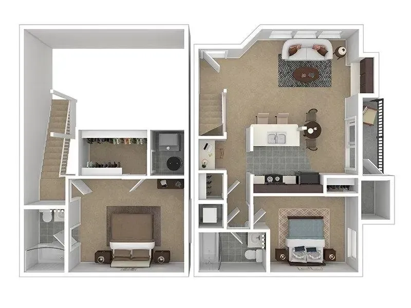 Two-story apartment floor plan; living spaces, kitchen, bedrooms, stairs, and balconies shown in a top-down view.