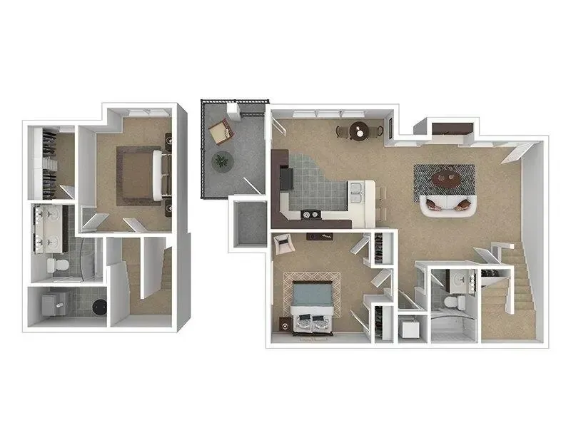 Floor plan of a multi-level apartment; bedrooms, bathrooms, kitchen, living/dining areas.