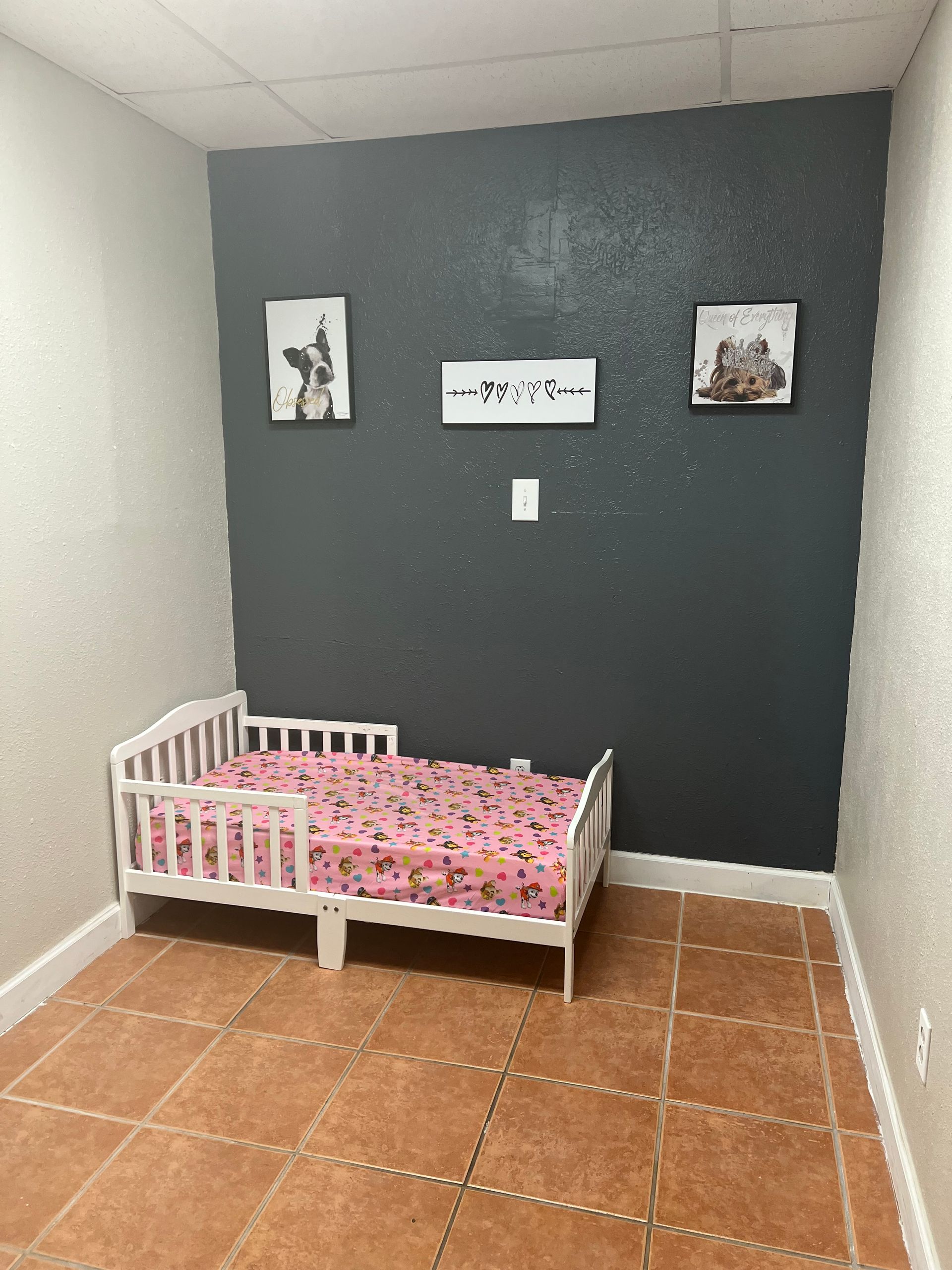 Dog bed in a room with art on the gray wall.