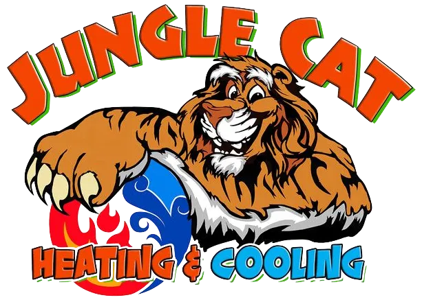 Jungle Cat Heating & Cooling logo: Tiger with paw on blue/red globe, text in orange/green/blue.