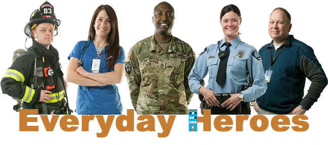 Group image of firefighter, nurse, military person, police officer, and warehouse worker.