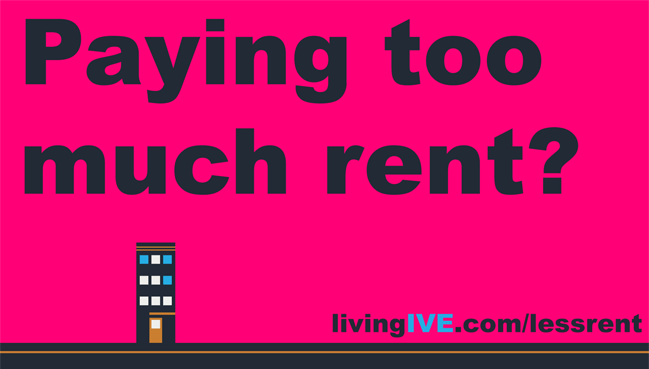 Paying too much for rent Banner with company logo.