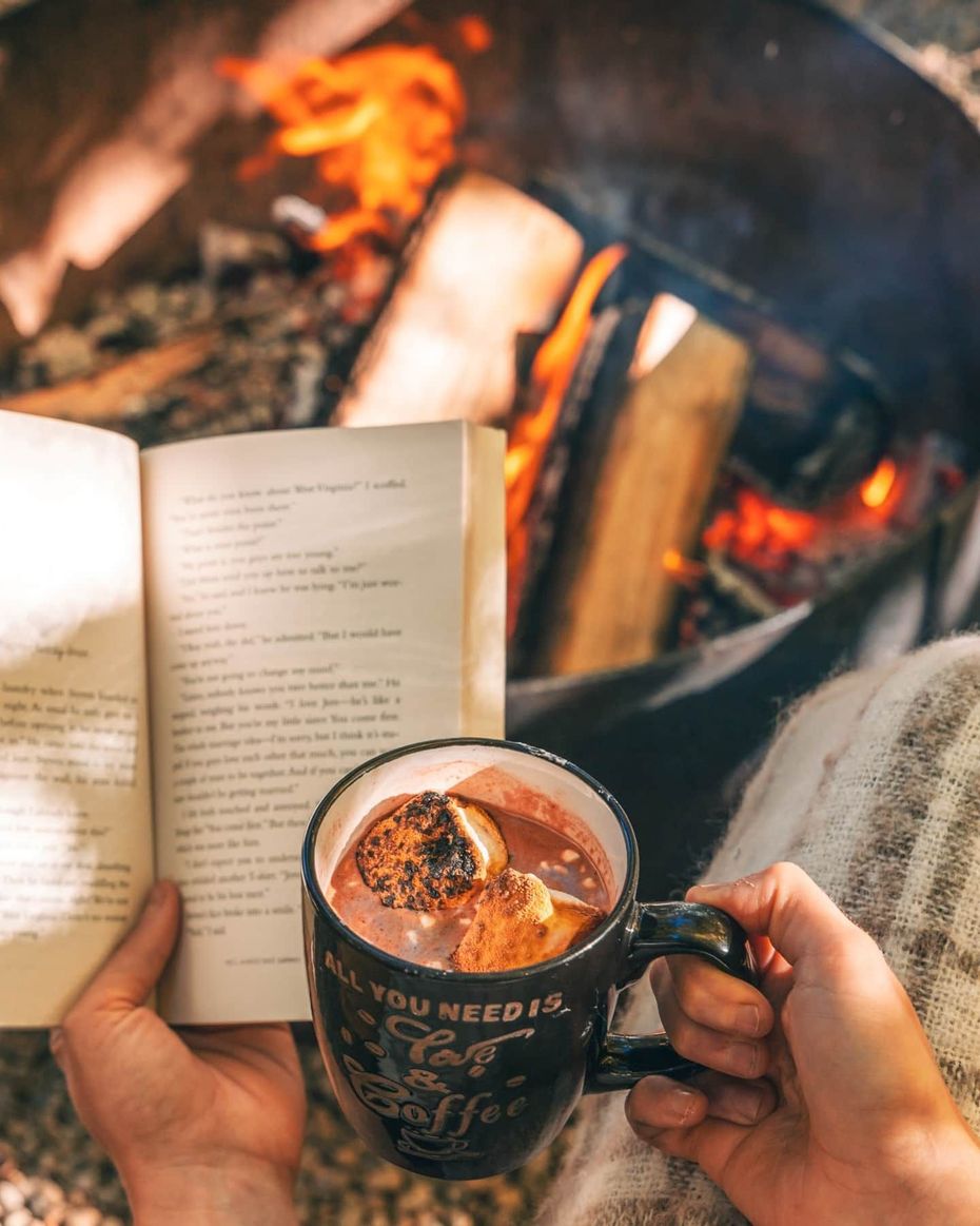 A person is holding a cup of hot chocolate and a book in front of a fire pit.