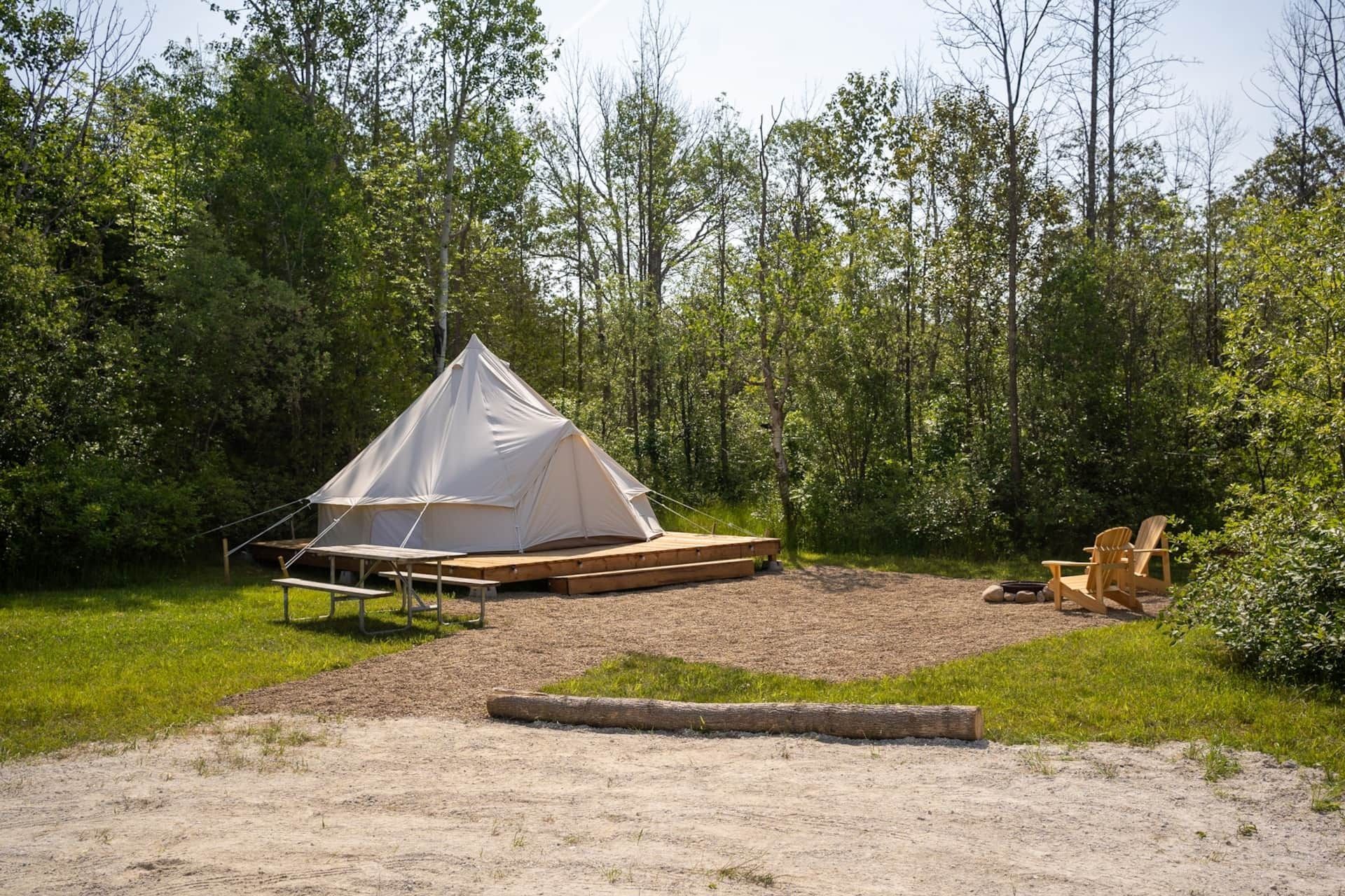 A tent is sitting on top of a dirt field in the middle of a forest.