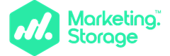 The logo for marketing storage is black and red.