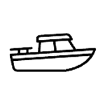 Boat with a cabin, depicted in simple black line art.