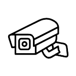 Security camera icon. Black and white, boxy with a lens and bracket.