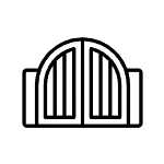 Black outline of arched gate with double doors.