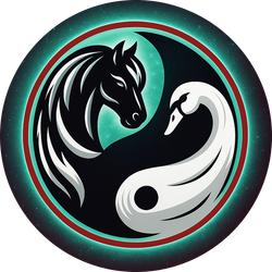Yin-Yang symbol with a black horse and white swan, teal background.