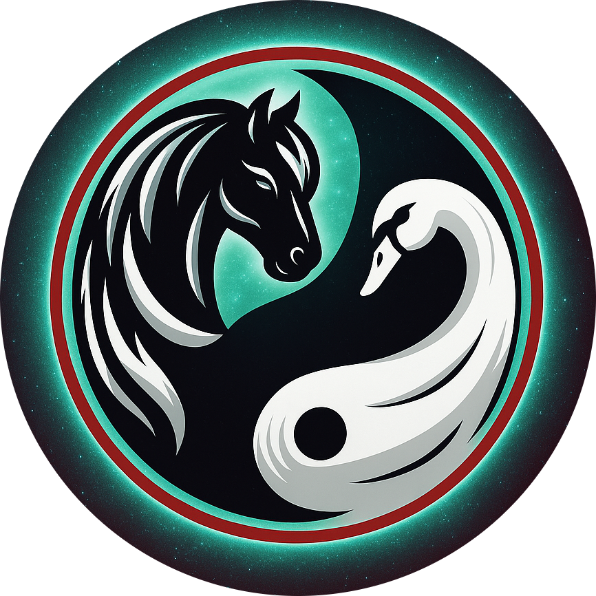 Black horse and white swan in a yin-yang symbol, surrounded by teal and a red-brown border, on a dark background.