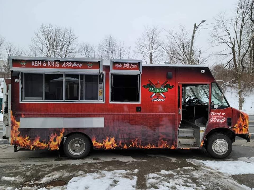 Red food truck with flames, 