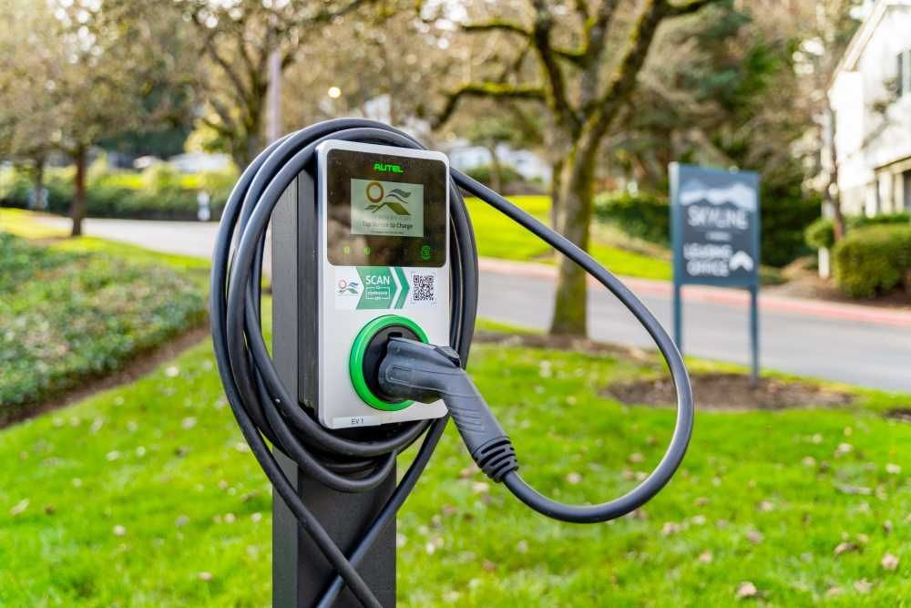 Electric vehicle charging station with a coiled cord on a grassy community lawn.