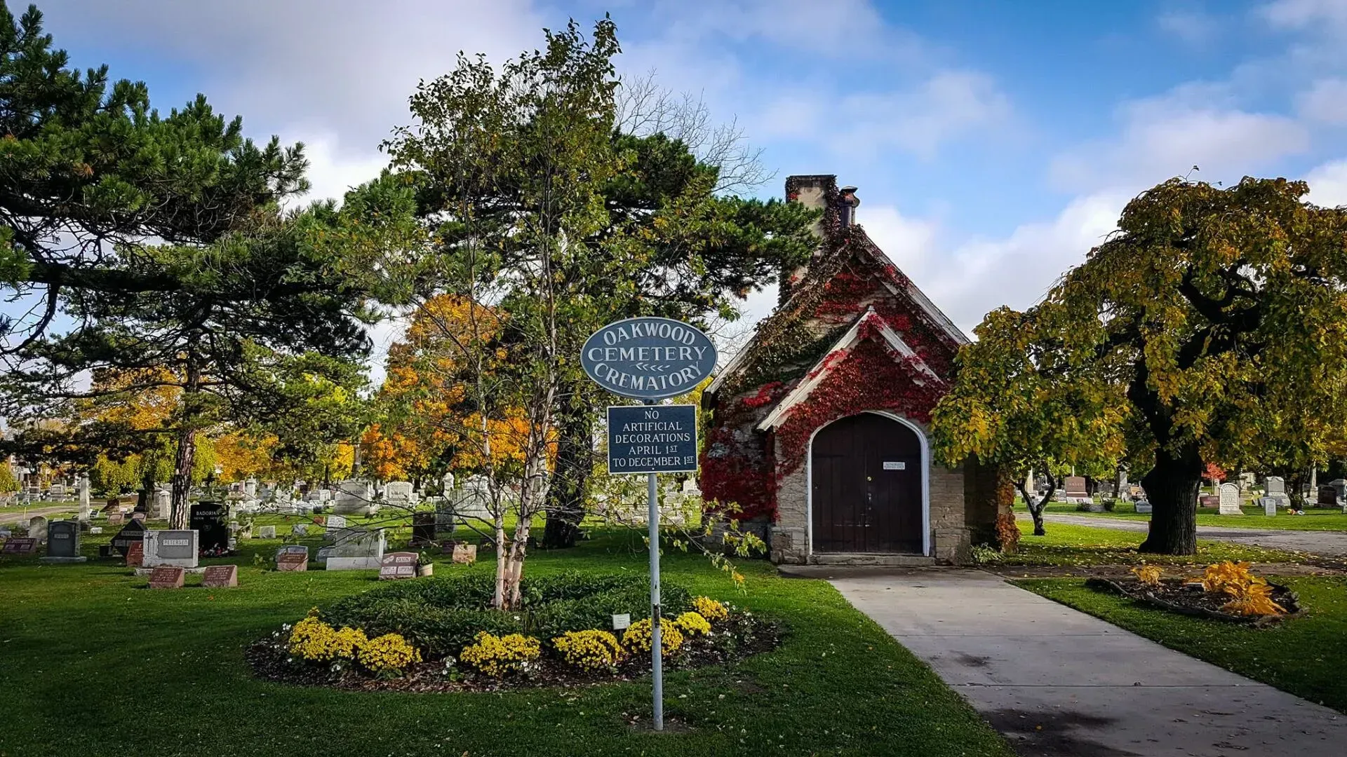There is a small church in the middle of a cemetery.