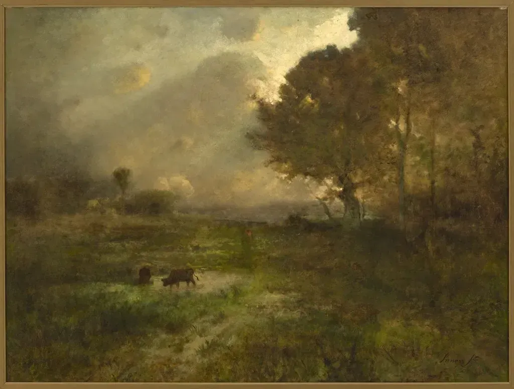 A painting of two cows in a field with trees in the background.
