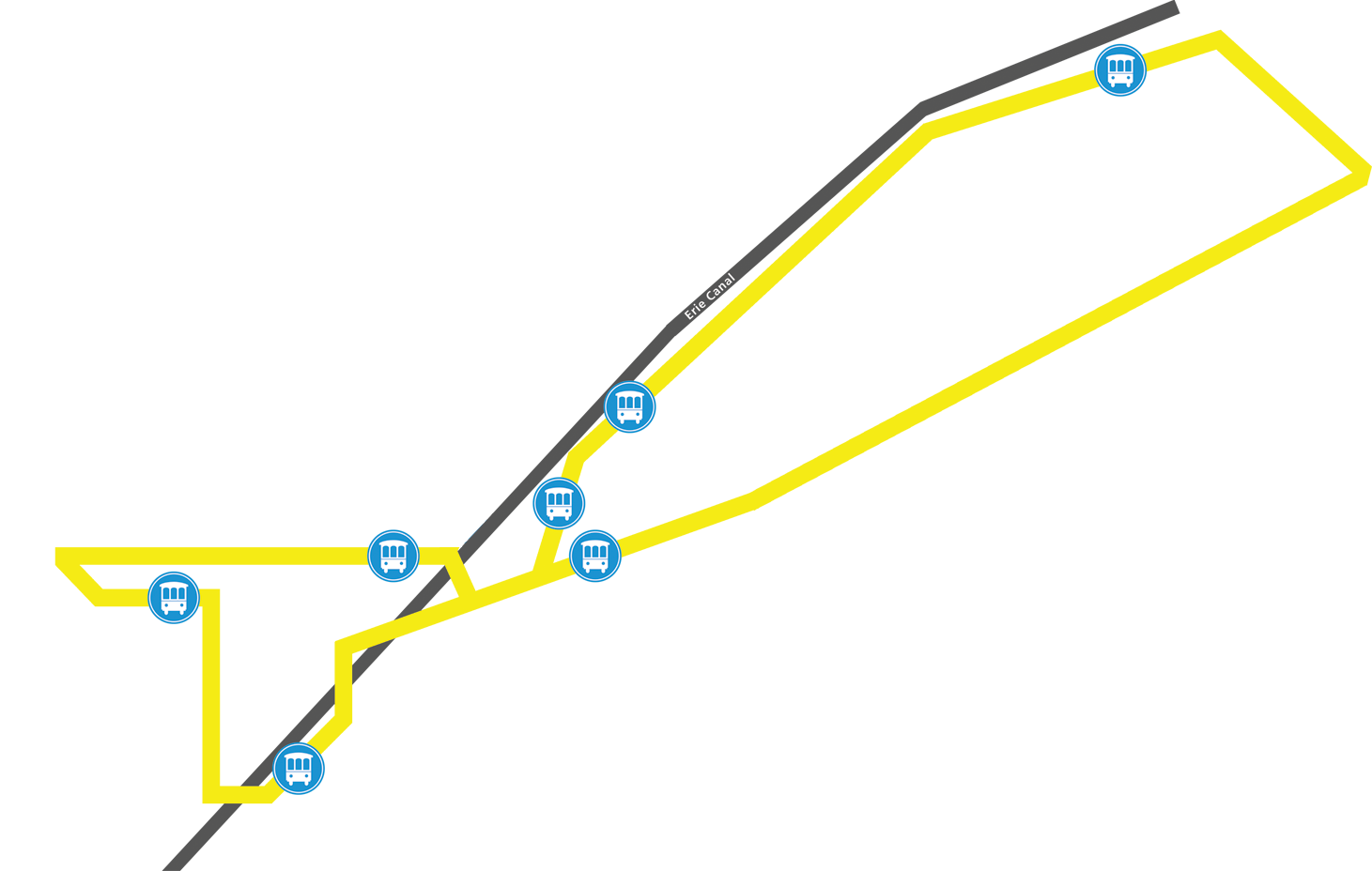 A map of a city with a yellow line and a black line.