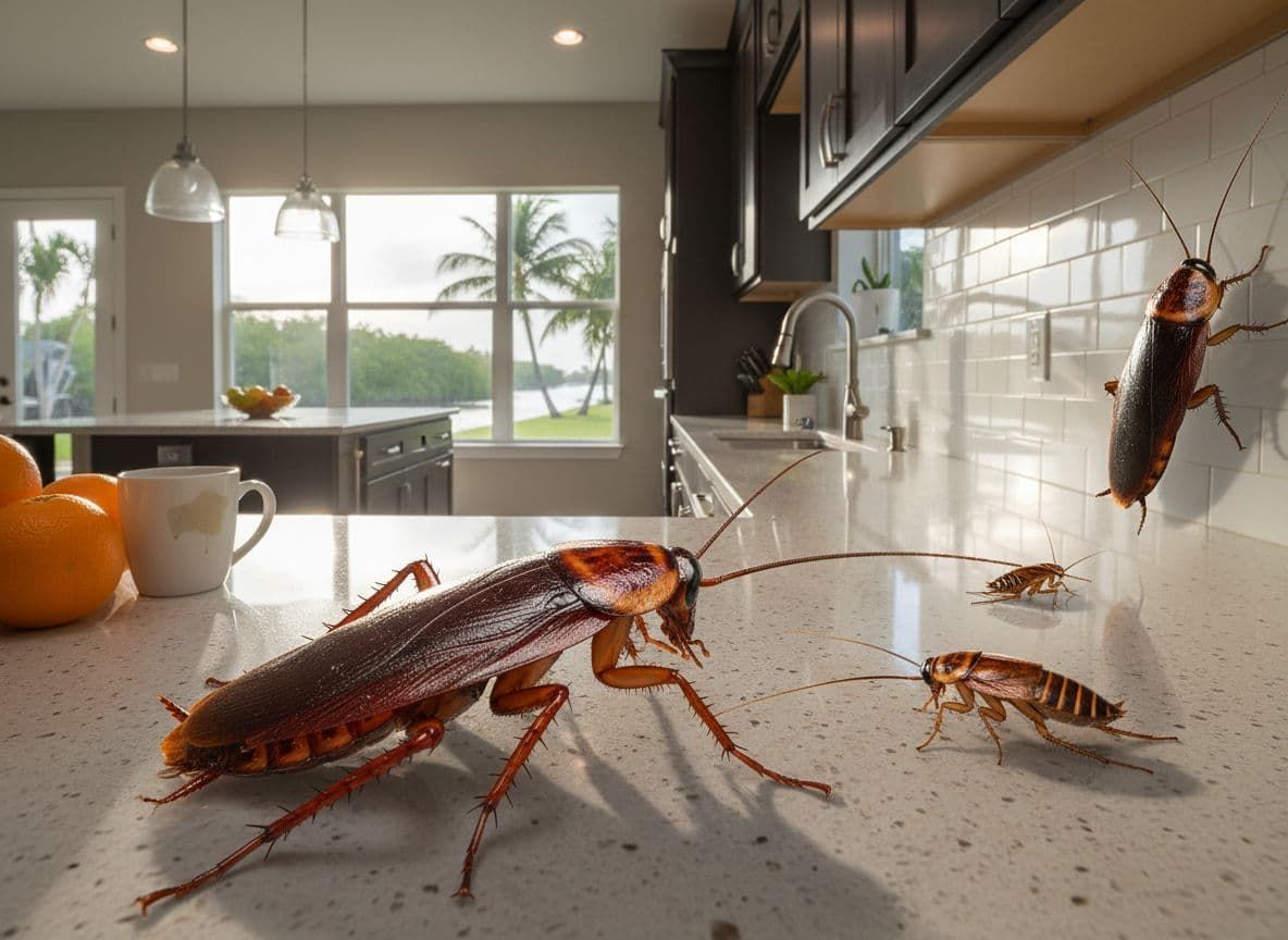 Two cockroaches on a hardwood floor; the larger one in focus, the smaller one next to it. Indoors.