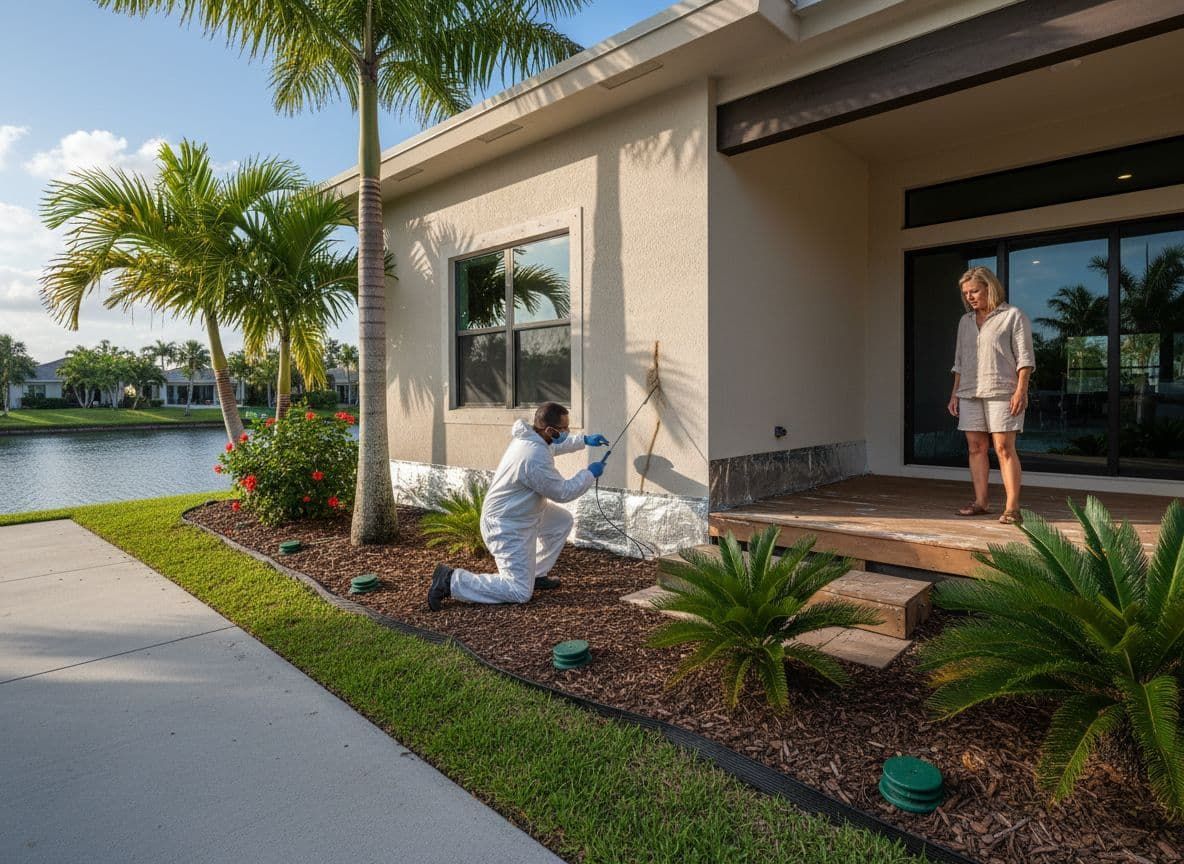 Tropical house with pool, palm trees, yellow exterior, brown door and shutters, sunny day.