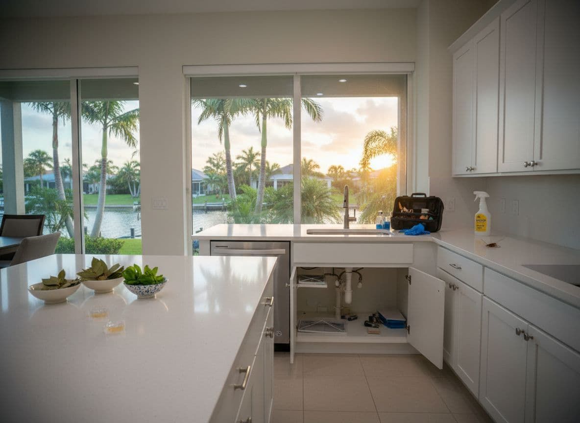 Two cockroaches on a wooden floor, one small and one large, in a brightly lit room.